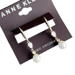Anne Klein Pearl and CZ Drop Pierced Earrings NEW